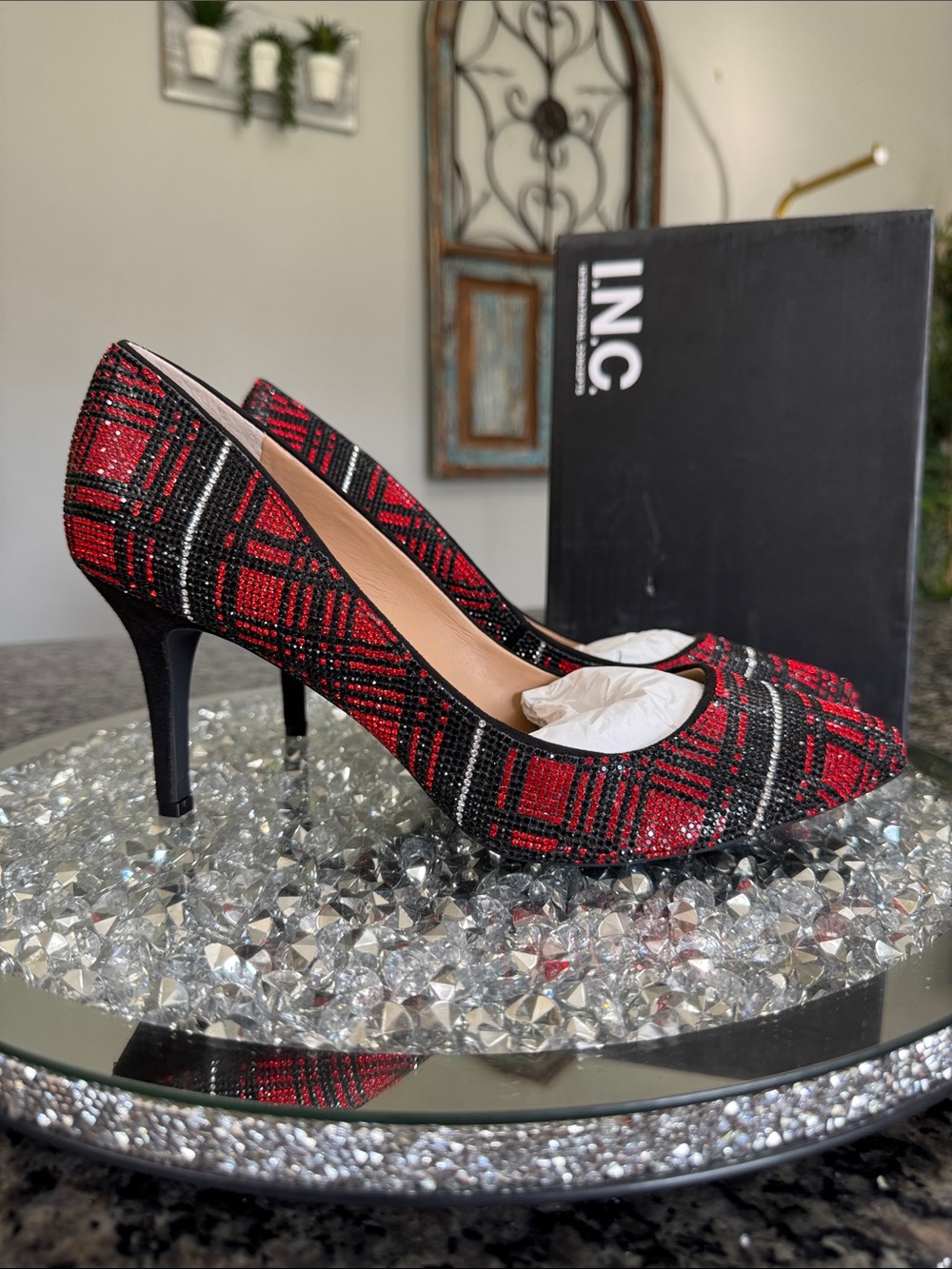 INC International Concepts Red and Black Plaid Sequin Heels new 11